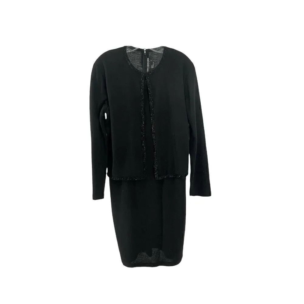 Nina Leonard Dress Black Wool Blend Layered Look Beaded Knee Length Size Medium